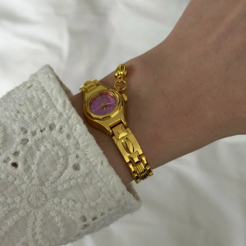 Sku:0480 vintage vibe Gold/Purple Mini watch‎ pendant Stainless steel+gift bag
